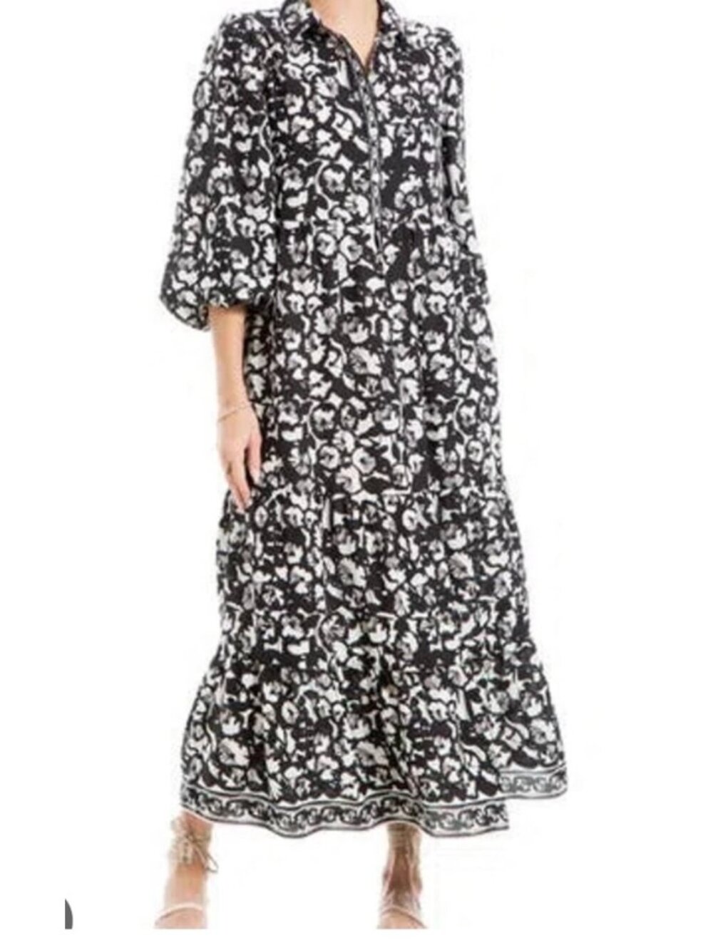 Max Studio Floral Maxi Dress Womens Large Black White Button Front